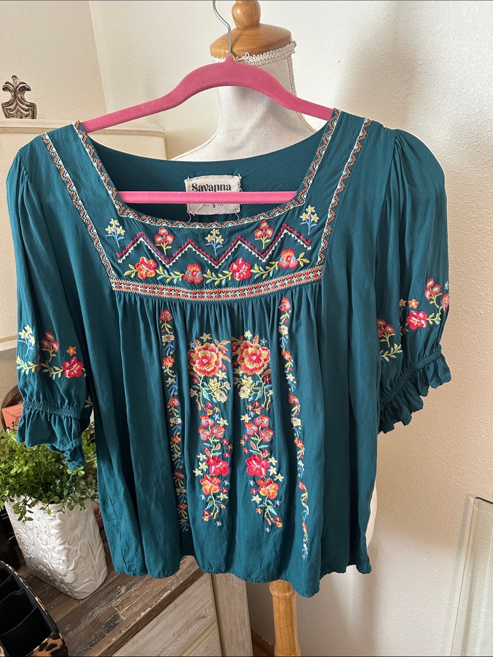 Savannah Teal Embroidered Floral Peasant Blouse